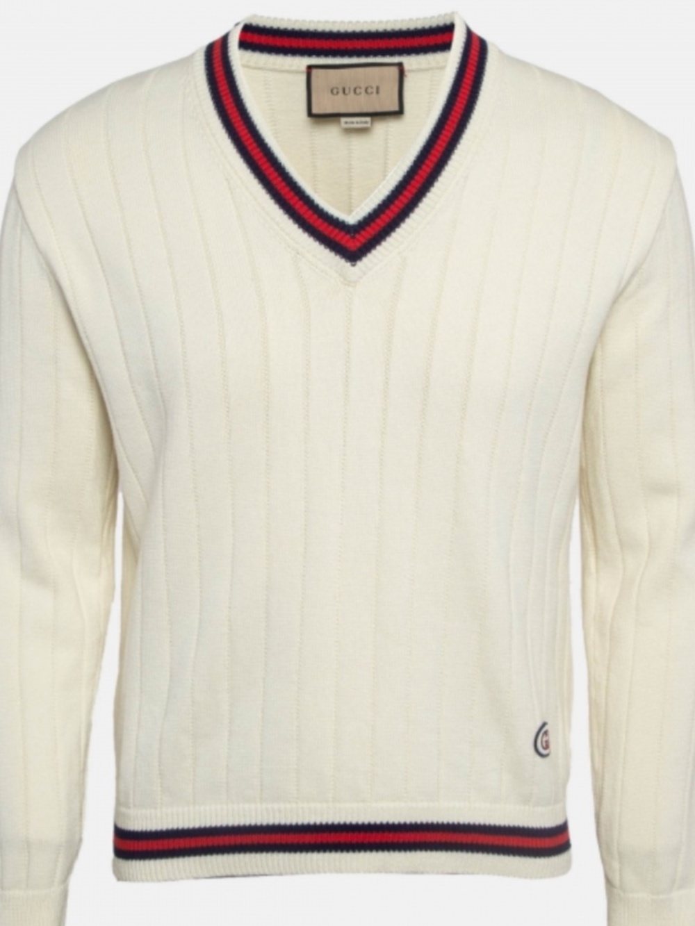 Men’s Gucci cotton knit V-neck sweater with interlocking G signature logo. Sz L